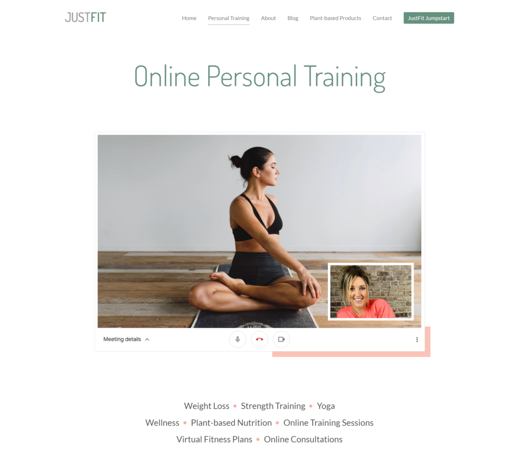 Screenshot of just fit vegan personal trainer service page