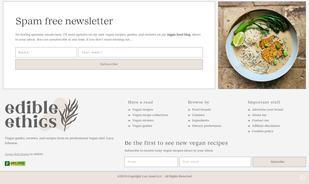 Screenshot of email subscription box on Edible Ethics vegan web design project