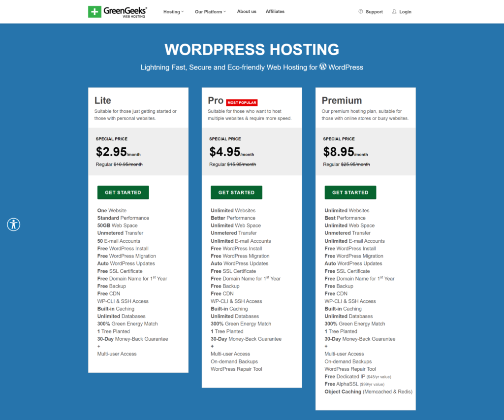 GreenGeeks website hosting packages